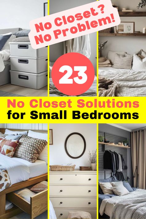 No closet? No problem! Learn 23 space-saving No Closet Solutions for Small Bedrooms that will help you organize clothes, shoes, and more. These easy and affordable ideas make small spaces feel bigger and clutter-free! #SmallBedroomStorage #NoClosetSolutions #SpaceSavingIdeas #BedroomOrganization #StorageHacks Clothes Organization Small Space No Closet, Diy Closet With No Closet, Where To Put Clothes With No Closet, Added Closet To Small Bedroom, No Space For Wardrobe, Making Closet Space In Small Bedroom, Storage For No Closets, Storage For Bedrooms Without Closets, Small Space Clothes Storage Ideas