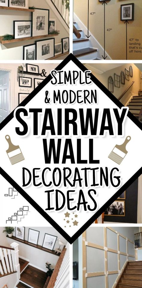 Beautiful ideas to transform your stairway wall in a simple modern decor style! From gallery walls, family picture walls, floating shelves, mirrors, paint, board and batten, and much more! If you DIY decorating projects to update your home, you will LOVE these ideas! Entry Stairway Wall Ideas, Downstairs Wall Ideas, Going Upstairs Wall Decor, Simple Staircase Wall Design, Ideas For End Of Hallway Wall, Creative Stairway Ideas, Side Of Staircase Decor, Designs For Stairs Wall, Wall Of Stairs Decor