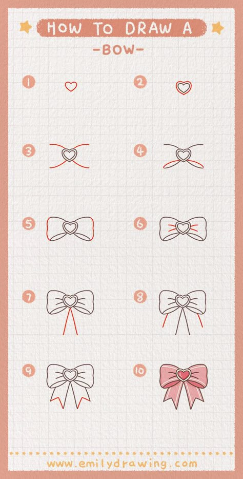 Setp by Step tutorial on how to draw a bow. FREE download the Printable drawing guide and coloring page,Click to Get! #drawing #howtodrawabow #bow #learntodraw #howtodraw Bow Drawing Easy, How To Draw Coquette, Draw A Bow Easy, Ribbon Drawing Tutorial, Hair Bow Drawing, Bow Drawing Step By Step, Easy Bow Drawing, How To Draw A Bow Step By Step, How To Draw Bows