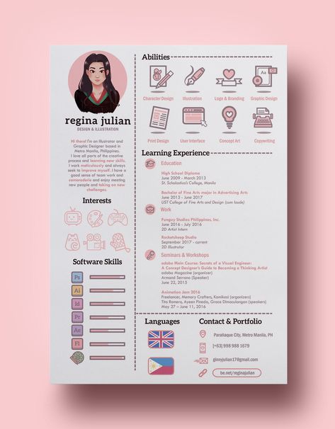 Personal Branding and Resume / CV of Regina Julian with project details and design process information. Cv Original Design, Resume Design Inspiration, Creative Cvs, Cv Original, It Cv, Cv Inspiration, Graphic Design Cv, Creative Cv Template, Mises En Page Design Graphique