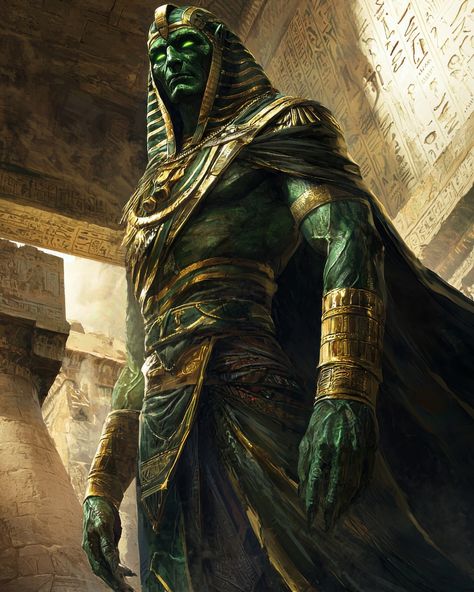 Hefaistos God, Fantasy Egyptian, God Osiris, Egyptian Deities, Ancient Egyptian Mythology, Egypt Concept Art, Green Skin, The Afterlife, Egyptian Mythology