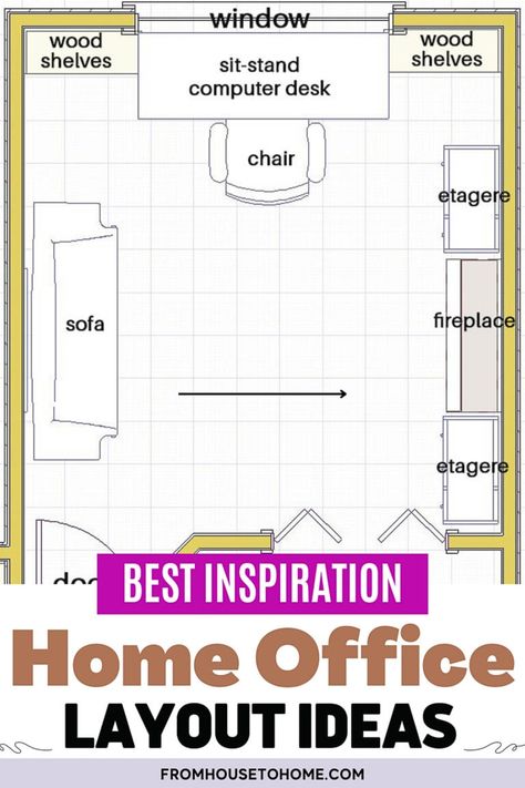 For the best home office workspace, check out these home office layout ideas with room for a desk, bookshelves, a sitting area and even a fireplace. Desk With Sitting Area, Home Office With Tv And Sofa, Home Office In Living Room Layout Cozy, Home Office With Sectional, Office With Conversation Area, Home Office Ideas With Tv, Home Office In Basement Living Room, Flex Room Ideas Design Home Office, Home Office Design With Fireplace