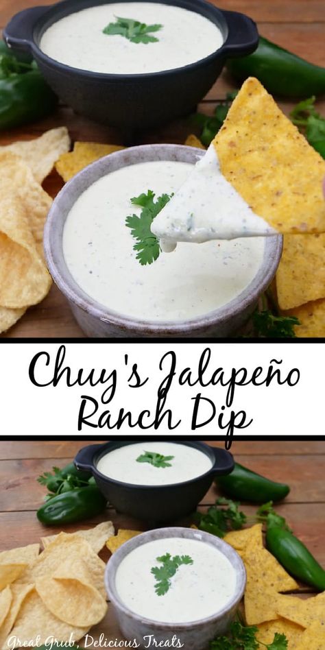 Chuy's Jalapeno Ranch Dip - Great Grub, Delicious Treats Jalepeno Ranch Dip, Hidden Valley Ranch Dip, Jalapeno Ranch Dip, Jalapeño Ranch Dip, Ranch Dip Mix, Creamy Jalapeno Dip, Nacho Recipes, Jalapeño Peppers, Easy Salsa Recipe