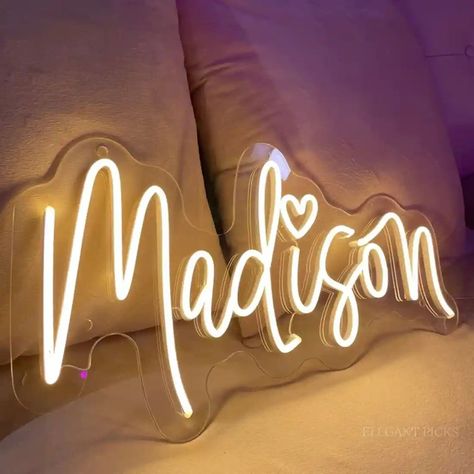 #NeonSignNames #NeonInspiration #NeonSigns #BrightIdeas Neon Custom Sign, Madison Name, Led Name Sign, Yellow Neon Sign, Neon Name Sign, Dream Dorm Room, Preppy Decor, Dream Dorm, Diy Anniversary