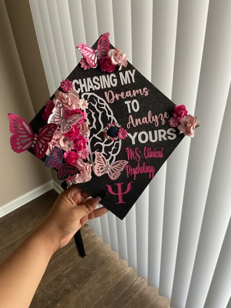 Graduation Cap Medical School, Clinical Psychology Graduation Cap, Psychology Graduation Cap Ideas Funny, Grad Cap Inspo Psychology, Future Therapist Graduation Cap, Masters Psychology Graduation Cap, Psychology Graduation Captions, Graduation Cap Designs Therapist, Cap Decoration Graduation College Psychology