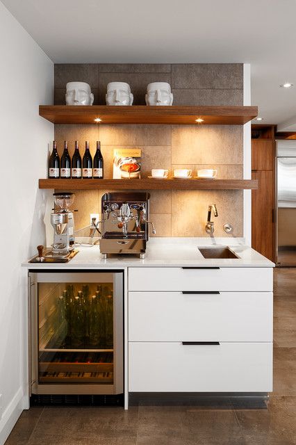 Modern White Kitchen by Astro Design. Ottawa - Contemporary - Kitchen - Ottawa - by Astro Design Centre | Houzz IE Basement Mini Fridge, Elegant Coffee Bar Ideas, Elegant Coffee Bar, Modern White Kitchen Design, Living Remodel, Cottage Entryway, Modern White Kitchen, Buffet Bar, Coffee Bars In Kitchen