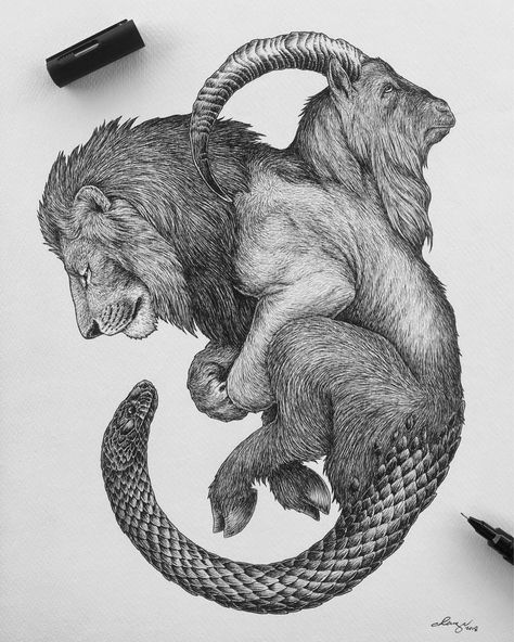 In Greek mythology, the chimera is known to be a ferocious beast that breathe fire but in this piece, I tried to draw it as if it was a calm and gentle creature. What do you guys think?...#art #artph #visualart #illustration #instaart #artdaily #dailyart #artistsofinstagram #draw #drawing #blackandwhite #design #doodle #sketch #sketch_daily #blackworknow #drawing_expression #love_arts_help #artsbynights #duende_arts_help #animalartistry #animaldrawing #tattoodesign #ink #penandink #mythology #gr Greek Mythology Animals, Chimera Tattoo, Chimera Mythology, Greek Animals, Greek Monsters, Mythical Monsters, Mythology Tattoos, Drawing Expressions, Mythology Art