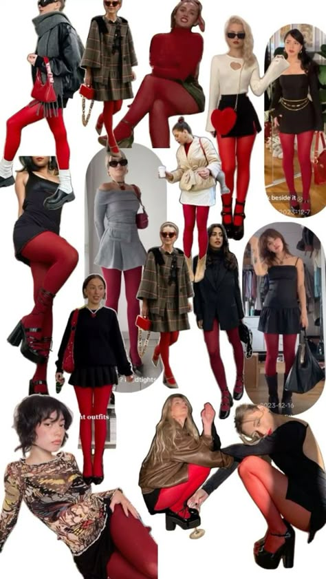 Red Tights Outfit, Red Tights, Rock Outfit, Tights Outfit, Fall Fits, Mode Inspo, Looks Chic, Red Outfit, Outfit Inspo Fall