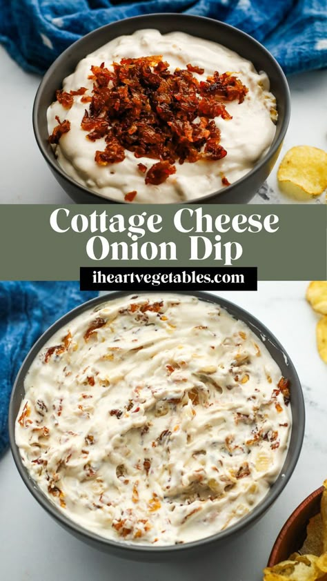 This tasty caramelized onion dip is made with cottage cheese, so it’s a protein-packed snack! It’s perfect when you want something rich and creamy but secretly healthy! Cheese Onion Dip, Cottage Cheese Recipes Healthy, Cottage Cheese Dips, Caramelized Onion Dip, Healthy High Protein Meals, Cottage Cheese Recipes, Onion Dip, Caramelized Onion, Bariatric Recipes