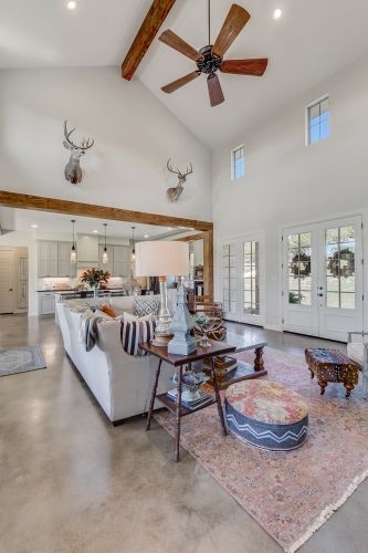 Texas Hill Country Farmhouse - All Over Solutions Hill Country Farmhouse, Concrete Floors Living Room, Concrete Floors In House, Granbury Texas, Concrete Stained Floors, Country Farmhouse Style, Inspiring Photos, Barn Style House, Custom Built Homes