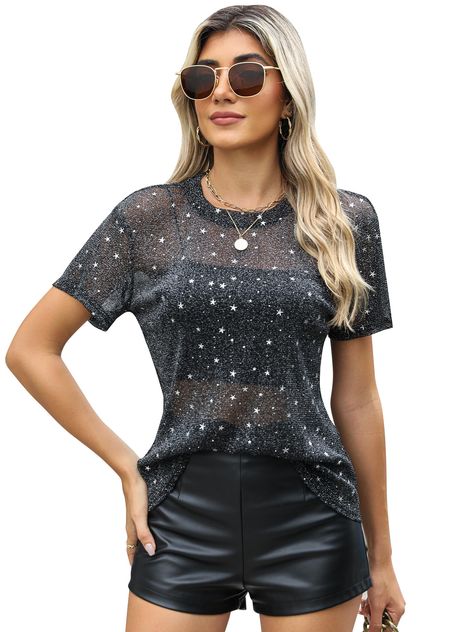 PRICES MAY VARY. Premium Sheer Mesh Fabric: Made from high-quality, lightweight sheer mesh, this sheer mesh top ensures comfort and breathability, perfect for long nights out Features: Designed to make you shine, this see through top features glittering elements. This sheer top is available in sparkling star designs, galaxy designs, and plain solid designs. Available in short and long sleeves, it'll add a pop of color to your outfit Match: Pair this dazzling top with a sleek black bralette or a Sheer Sparkly Top, Sheer Mesh Top, Sheer Top, Star Designs, Mesh, Concert, For Women