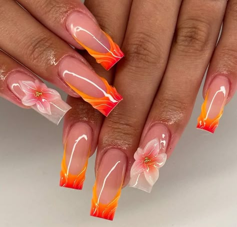 Nail Inspo Orange, Nail Art Fleur, Cruise Nails, Hot Nail Designs, Sunset Nails, Orange Nail Designs, Nails Orange, Small Nails, Tropical Nails