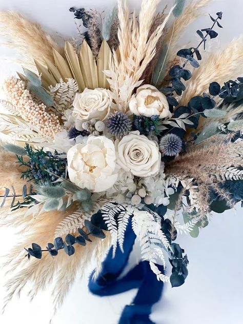 Dusty Blue White Peony Pampas Grass Bouquet/ Bride and Bridesmaids/ Dried Flower Bouquet/ Wedding Flowers - Etsy Dried Flower Bouquet Wedding, Grass Bouquet, Tan Wedding, Pampas Grass Bouquet, Bouquet Bride, Blue Wedding Bouquet, Boho Wedding Flowers, Bride And Bridesmaids, Grass Wedding