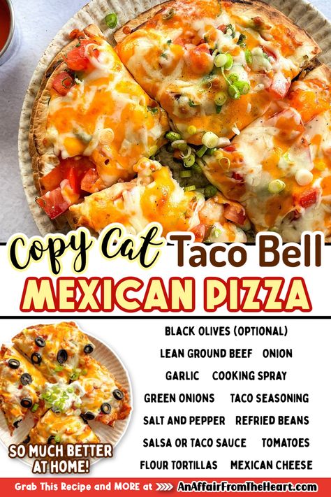 Copy Cat Taco Bell Mexican Pizza sliced on a scalloped plate. Mexican Pizza With Tostada Shells, Taco Bell Pizza Copycat, Copycat Mexican Pizza Taco Bell, Mexican Pizza Taco Bell Copycat, Mexican Pizza Taco Bell, Homemade Mexican Pizza, Taco Bell Mexican Pizza Recipe, Taco Bell Pizza, Mexican Pizza Recipe