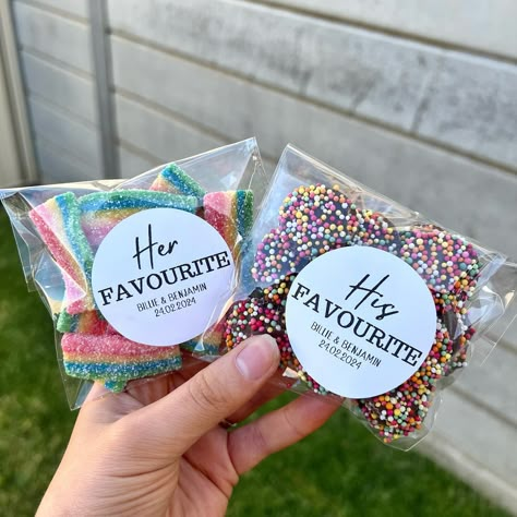 Sharing your favourite sweets as wedding favours 🍬 Repost IG @winnie.and.willa #weddingfavours #sweetgifts #weddinggifts #weddingplanning #weddingbreakfast #weddingsweets #herfavourites #hisfavourites #weddingfavour #weddingideas #weddinginspiration His And Hers Sweets Favours, Wedding Favours His And Hers Sweets, Candy Wedding Favours, His And Her Fav Candy Wedding, Funny Ideas For Wedding, His And Her Favourite Wedding Favours, His And Her Favourite Sweets, Wedding Favor Station, Wedding Favours Sweets