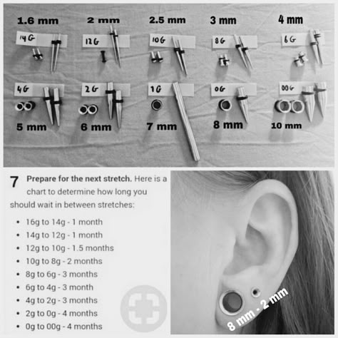 ear stretching sizes / guide 5mm Ear Stretch, How To Stretch Your Ears Gauges, Gauge Sizes Chart Ears, How To Stretch Ears Safely, Diy Gauges For Ears, How To Stretch Ear Lobes, Ear Guage Chart, How To Gauge Your Ears, Ear Stretching Guide