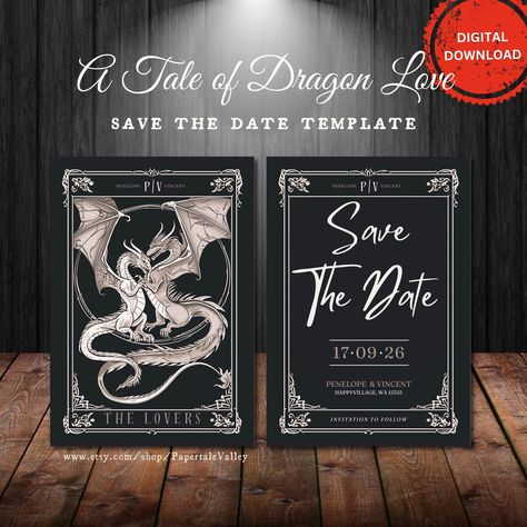 A Tale of Dragon Love Wedding Save the Date Invitation Template | Dragon Save the Date | Tarot Wedding Invitation | Instant download Viking Save The Date, Dragon Wedding Invitations, Dragon Themed Wedding, Dragons In Love, Tarot Wedding, Tarot Card The Lovers, Dragon Wedding, A5 Printables, Date Invitation