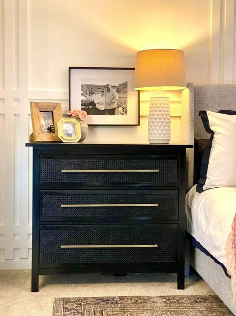 Black Cane Nightstand, Ikea Black Dresser, Hemnes Dresser Hack, Ikea Tv Console, Ikea Hemnes Hack, Ikea Dresser Makeover, Ikea Dresser Hack, Ikea Nightstand, Ikea Hemnes Dresser