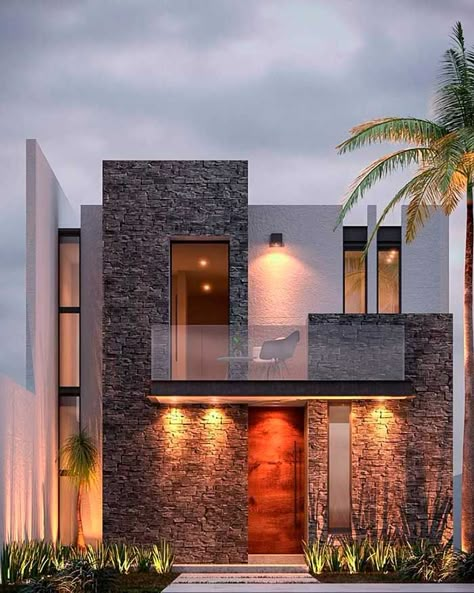 Fachadas de casas bonitas y pequeñas - Dale Detalles Modern Small House Design, Modern House Facades, Modern Exterior House Designs, Duplex House Design, Bungalow Design, House Outside Design, House Front Design, Modern Architecture House, Ideas Casa