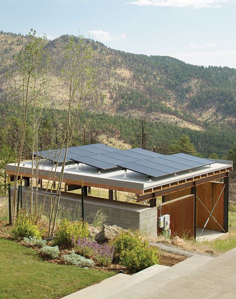 The Solar Revolution installed 3.6-kilowatt photovoltaic solar panels on top of the carport, which sports a board-formed concrete exterior and a cedar-slat-and-plywood interior. Solar Panels Architecture, Formed Concrete, Concrete Exterior, Plywood Interior, Solar Panels Roof, Net Zero, Solar Panels For Home, Solar Roof, Best Solar Panels