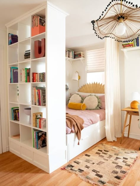 6 IKEA Hacks for Small Bedrooms - DIY Inspiration and Photos | Apartment Therapy Clever Storage For Small Bedrooms, Ikea Bedroom Teenage Girl, Ikea Single Bedroom, Small Room Lots Of Stuff, Bed With Shelves Around It, Ikea Wardrobe Teen Room, Tiny Bedroom Bed Ideas, Small Bedroom With Shelves, Built In Bed Ikea Hack