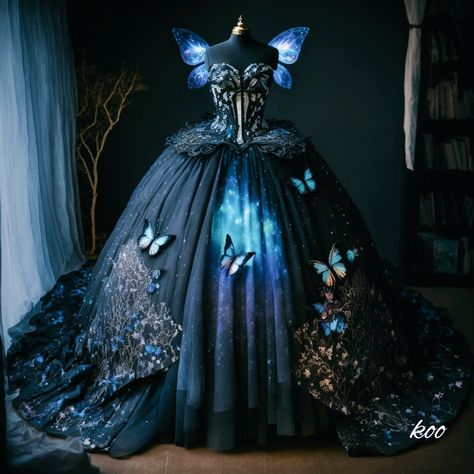 Enchanted Forest Ball Gown, Butterfly Dress Aesthetic, Enchanted Forest Gown, Robe Reference, Blue Butterfly Dress, Ball Gowns Fantasy, Cool Dresses, Pretty Quinceanera Dresses, Dress Design Drawing