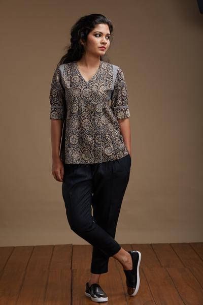 Ayesha Angrakha Top Short Tops For Jeans, Cotton Top Design, Angrakha Top, Kalamkari Tops, Cotton Tops For Jeans, Ideas For Jeans, Tops For Jeans, Trendy Cotton Tops, Short Kurti Designs