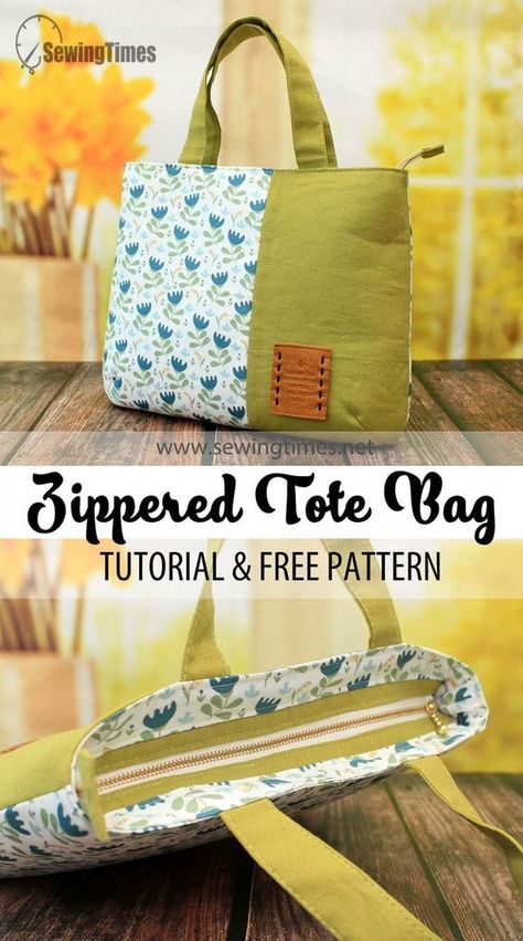 Easy Tote Bag Pattern Free, Small Tote Bag Pattern, Sewing Times, Zippered Tote Bag Pattern, Zippered Tote Bag Tutorial, Sew Tote Bag Pattern, Recessed Zipper, Bags Inspiration, Tote Bag Pattern Free