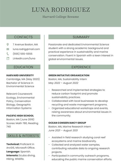 Harvard College Resume Free Google Docs Template - gdoc.io Teen Resume, College Resume Template, College Resume, Resignation Letters, Harvard College, Conservation Biology, Online Resume, Create A Resume, Google Doc