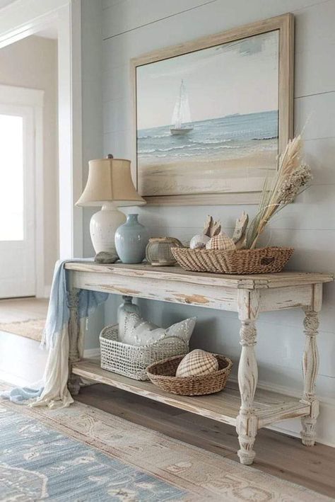 Home Decor Ideas Beach Coastal Style, Sea Side Decor, Coastal Boho Entryway, Coastal Inspired Home, Contemporary Coastal Decor, Diy Coastal Furniture, Living Room Beach Theme, Lake House Entryway Ideas, Coastal Foyer Entryway