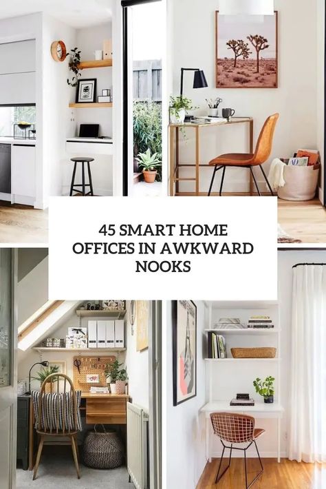 smart home offices in awkward nooks cover Study Nook Styling, Breakfast Nook Turned Office, Small Home Office Nook, Office Corner In Living Room, Small Office Ideas Home, Kitchen Office Nook, Small Desk Area, Closet Nook, Kitchen Desk Areas