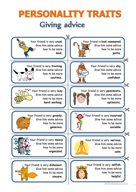 Personality traits - Giving advice - English ESL Worksheets for distance learning and physical classrooms Character Traits Worksheet, Character Trait Lessons, Speaking Activities English, Character Trait Worksheets, Ingles Kids, Speaking Cards, Character Worksheets, About Character, Character Personality