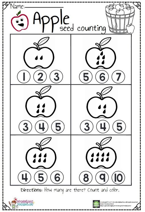 Let’s Count Apple Seeds  Look at these cute apples. Here are delicious apples for you. Let’s count and color them. You can use this worksheet for kindergarten, preschool and first graders. Kids will their counting abilities with this apple seed counting worksheet. You can use this apple seed counting worksheet in your classroom or home freely. This apple seed counting worksheet is in pdf format and downloadable. Apple Math Preschool, Preschool Apple Worksheets, Apple Math Worksheets, Number Worksheet, Apple Lessons, Apple Math, Preschool Counting, Apple Preschool, Fall Preschool Activities