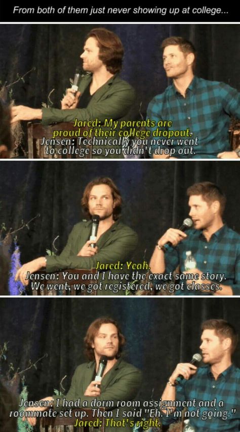 Supernatural Jokes, Spn Memes, Junior College, Supernatural Actors, Supernatural Convention, Jensen And Jared, Supernatural Wallpaper, Supernatural Pictures, Supernatural Quotes