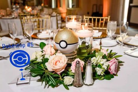 Laura and Dan's Pokemon Wedding at Wyndham Grand Orlando Resort Bonnet Creek - Just Marry! Pokemon Wedding Cake Toppers, Pokemon Wedding Favors, Pokemon Engagement Photos, Pokemon Bridal Shower Ideas, Pokemon Centerpieces Wedding, Gamer Wedding Centerpieces, Pokemon Theme Wedding, Pokemon Wedding Centerpieces, Anime Theme Wedding