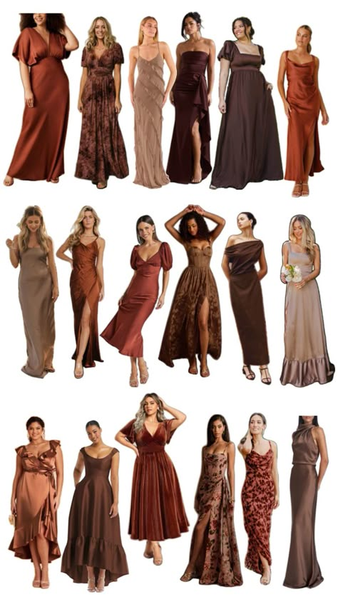 Wedding Guest Brown Dress, Black And Brown Bridesmaid Dresses, Brown Shades Bridesmaid Dresses, Mismatched Brown Bridesmaid Dresses, Fall Wedding Bridesmaid Dresses Different Colors, Brown Mismatched Bridesmaid Dresses, Midsize Bridesmaid Dress, Earthy Tone Bridesmaid Dresses, Mix And Match Bridesmaid Dresses Fall