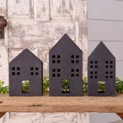 Wooden Houses Craft Decor, Garland With Lights, Greenery Wreaths, Kitchen Table Centerpiece, Black Candle Holders, Farmhouse Modern, Friendly Ghost, Wooden Houses, Light Garland