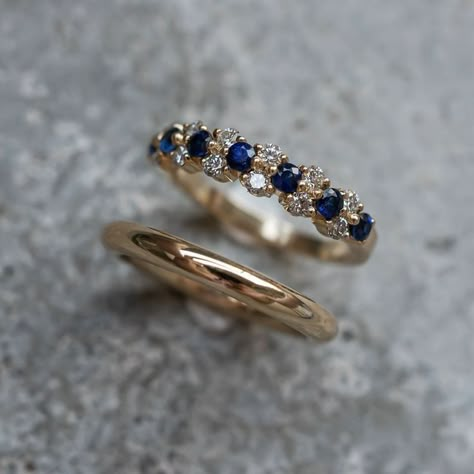 Diamond And Sapphire Ring Gold, Gemstone Band Rings, Blue Sapphire Cluster Ring, Rings With Blue Sapphire, Gold Rings With Blue Stones, Sapphire Yellow Gold Ring, Sapphire Engagement Ring And Wedding Band, Wedding Bands With Sapphires, Sapphire Ring Set