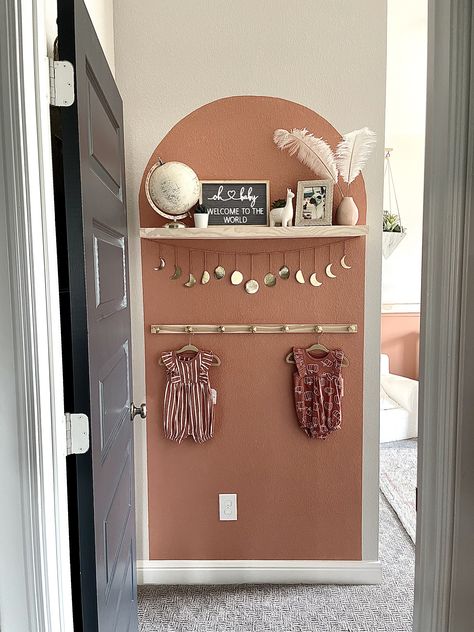 Painted Arch Dining Room, Boho Wall Murals Painted Nursery, Painted Arch Decor, Wall Arch With Shelves, Accent Arch Paint, Arch Accent Wall Nursery, Painted Arch With Shelf, Painted Arch In Kitchen, Painted Arch In Nursery