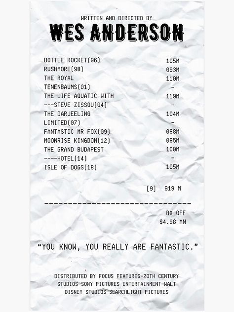 "Wes Anderson Movie Receipt" Sticker for Sale by brynn-maxiine | Redbubble Receipt Sticker, Wes Anderson Movies Posters, Wes Anderson Movie, Steve Zissou, Wes Anderson Movies, Movies Posters, 20th Century Studios, Moonrise Kingdom, Fantastic Mr Fox