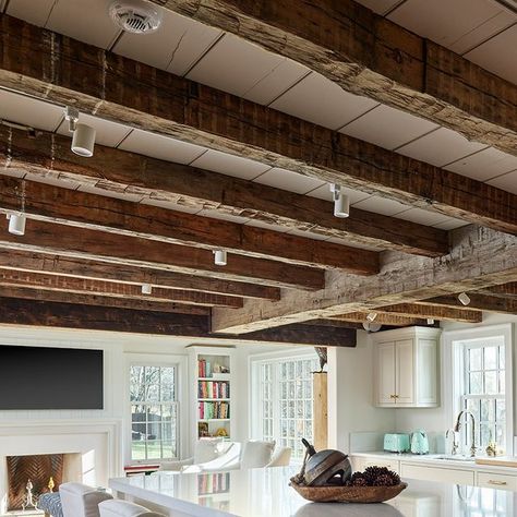 E.C.Trethewey Building Contractors on Instagram: "A newly finished project has finally graced the front of the camera! 😍 The exposed beams and simple light colors really create a cozy feel in this kitchen.  #teamtrethewey #ectbuilders #recentwork #malvern #historichome #renovation" Kitchen Lighting With Beams, Exposed Ceiling Joists Kitchen, Open Ceiling Kitchen, Exposed Beam Lighting, Exposed Beam Kitchen, Exposed Chimney In Kitchen, Exposed Floor Joist Ceiling, Exposed Beams In Kitchen, Lofted Ceiling