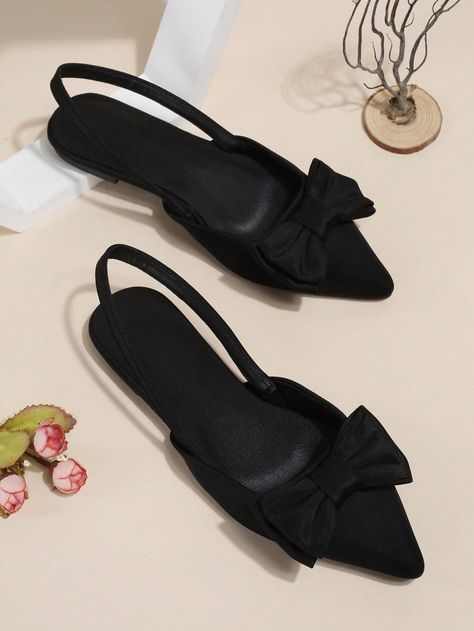 Women Bow Decor Slingbacks, Lycra Point Toe Elegant Flats Black | SHEIN USA Flat Footwear For Women, Heels Classy Elegant, Elegant Shoes Flat, Classy Flats, Party Flats, Black Flat Shoes, Walking In Heels, Trendy Flats, T Strap Shoes