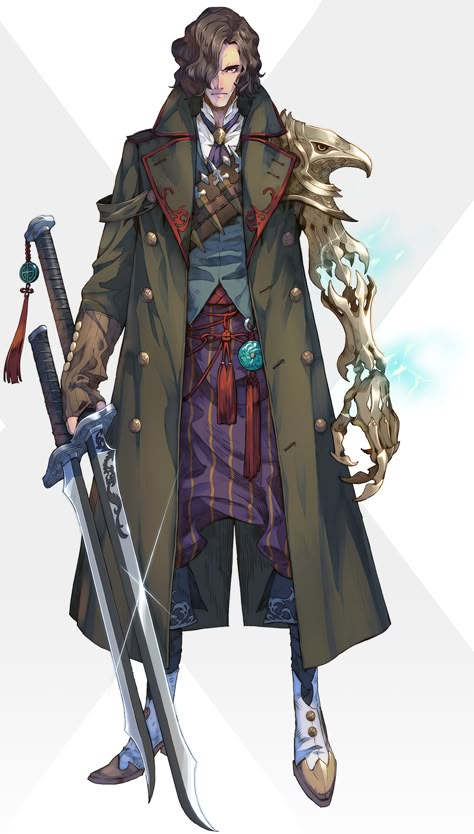 Scholar Character, Blood Mage Character Design, Royal Character Design, Revenger Anime Samurai, Mage Swordsman, Exos Heroes, Greatsword Character, D&d Samurai, Steampunk Character