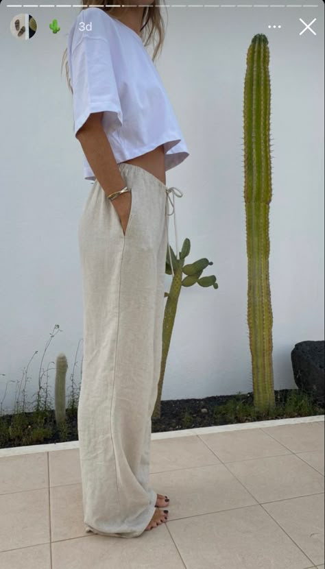 Mediterranean Summer Outfits, Summer Travel Aesthetic, Cute Summer Fits, Beach Trousers, European Summer Aesthetic, Mediterranean Summer, Pinterest Trends, European Summer Outfits, Linen Summer