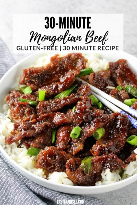 This Gluten Free 30-Minute Mongolian Beef is a savory, sweet, & delicious dinner recipe!! With thinly cut steak, soy sauce, brown sugar, fresh garlic and ginger. #TasteAndSee Mongolian Beef Recipes, Beef Steak Recipes, Easy Steak Recipes, Garlic And Ginger, Gluten Free Meals, Mongolian Beef, Gluten Free Dinner, Steak Dinner, Beef Dinner