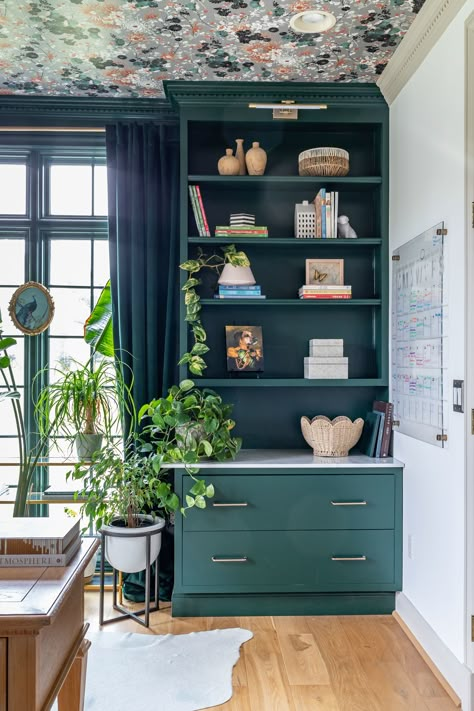 Stunning home office by Jen Woodhouse with custom built-ins and a hidden filing cabinet! Painted Wood Filing Cabinet, Desk Made With Filing Cabinets Wood, Painted Metal Filing Cabinets, Ivy Filing Cabinet, Rustic File Cabinet, Filing Cabinet Makeover, Jen Woodhouse, File Cabinet Makeover, Custom Built Ins