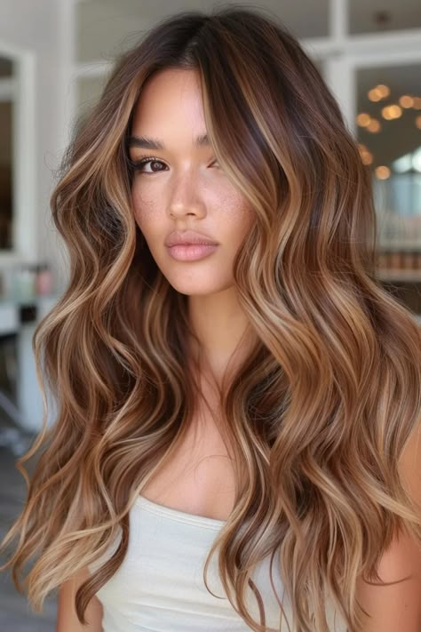 Woman with long, wavy hair and natural makeup, standing indoors. Brown Blonde Caramel Hair, Long Caramel Balayage, Copper Hair Honey Highlights, Dimensional Brunette Caramel, Copper Chestnut Hair Color, Bronde Balayage With Copper Tones, Skin Color Hair Color Chart, Light Chocolate Brown Hair Highlights, Light Brown Hair With Honey Blonde Highlights