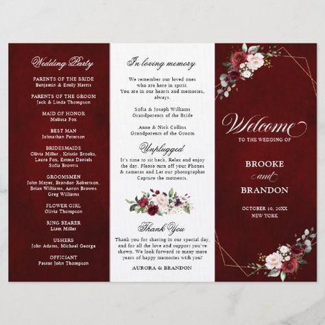 Maroon Roses, Wedding Program Design, Modern Wedding Program, Country Barn Weddings, Watercolor Bouquet, Coral Flowers, Program Ideas, Wildflower Wedding, Wedding Program