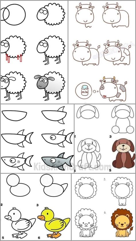 Easy Animals to Draw with Step by Step Tutorials - Kids Art & Craft Easy Way To Draw Animals, Doodle Animals Step By Step, Step Step Drawing, Learn To Draw Animals, Chalk Animals Easy, Step By Step Farm Animal Drawing, How To Draw Farm Animals Easy, Step By Step Chalk Drawing, How To Draw Animals Easy Step By Step