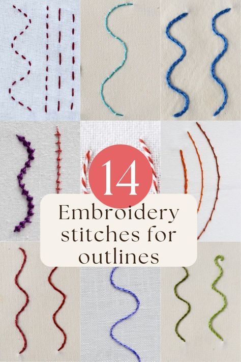 Discover the art of embroidery with this comprehensive guide on stitches for outlining. From the basic backstitch to the decorative Palestrina stitch, learn how to choose and execute the perfect stitch for any project. Perfect your outlines and elevate your embroidery today. Visit Practical Embroidery blog to expand your stitch skills! Hand Embroidery Doodles, Best Embroidery Stitch For Outline, Stitches For Embroidery, Decorative Stiches Ideas, Straight Line Embroidery Stitches, Straight Embroidery Stitches, Beginning Embroidery Stitches, Doodle Stitching Embroidery, Border Stitches Embroidery